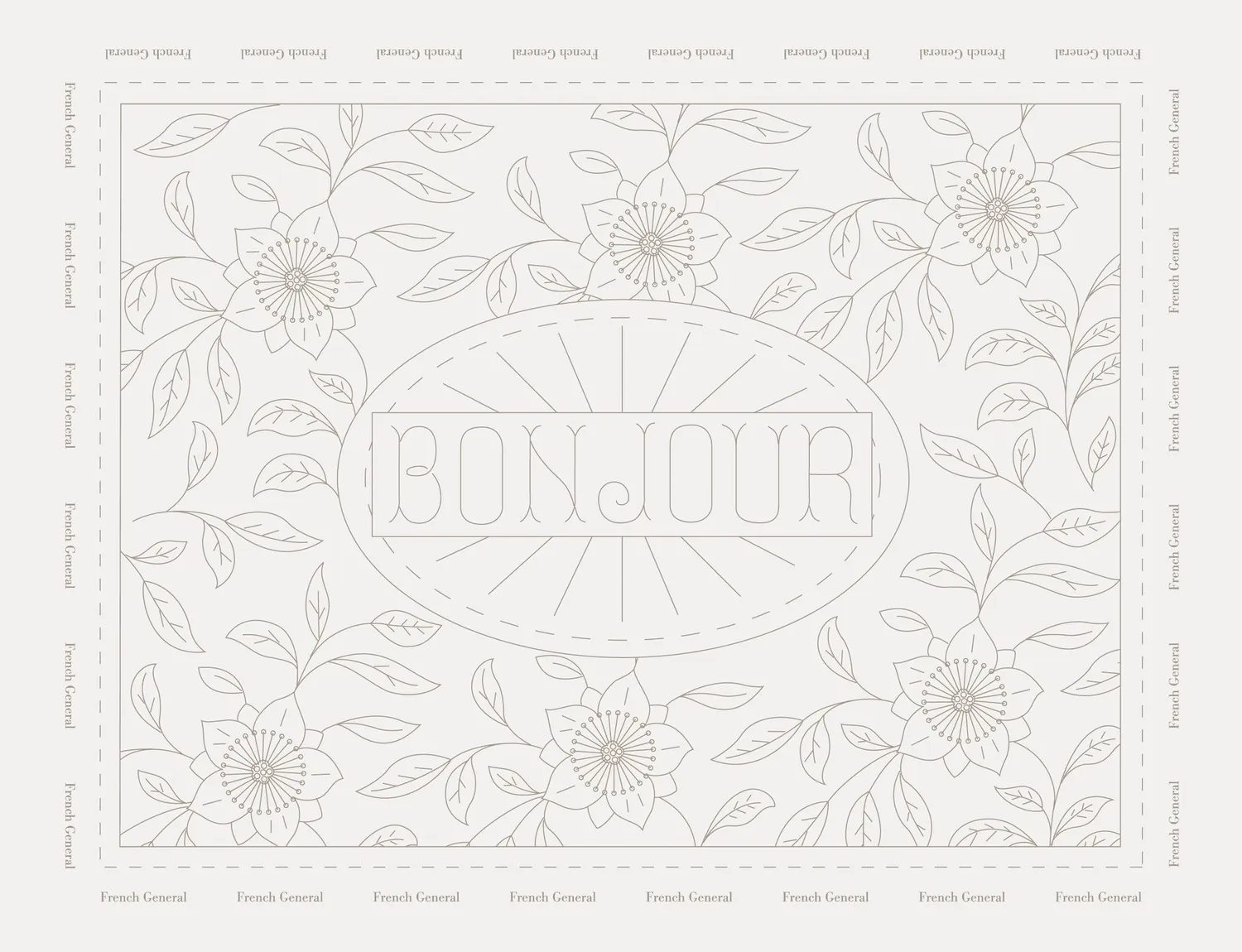 French General Bonjour sampler broderie lin gris 35x28 cm