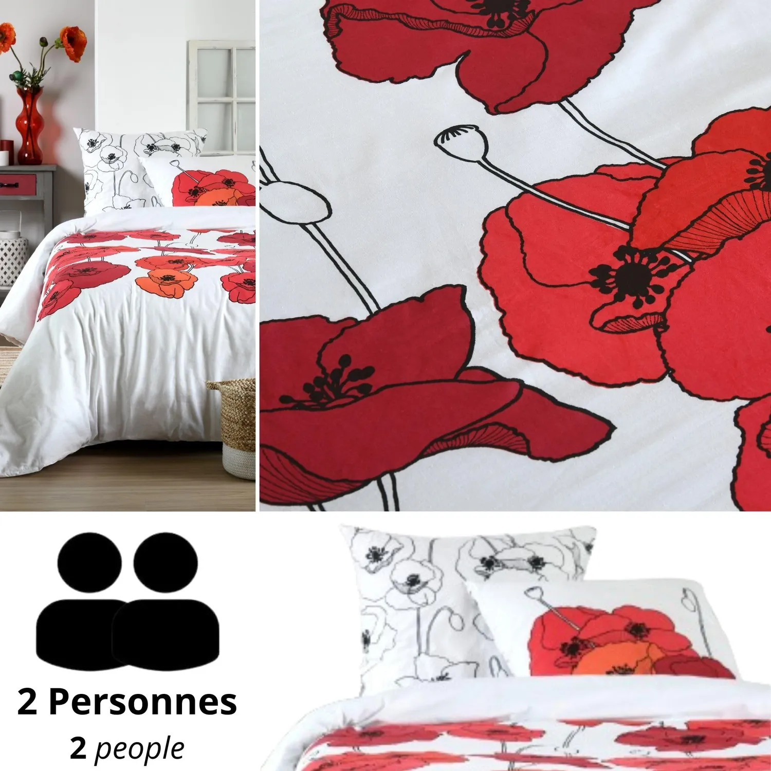 STOF Diane housse de couette 240x220 coton blanc rouge