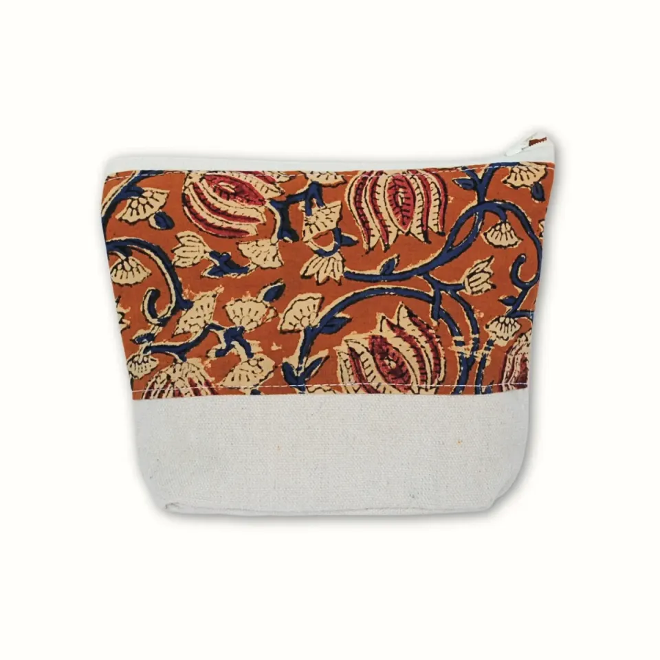 Tribu Indigo fleurs petite pochette tissu beige 18x15 zip