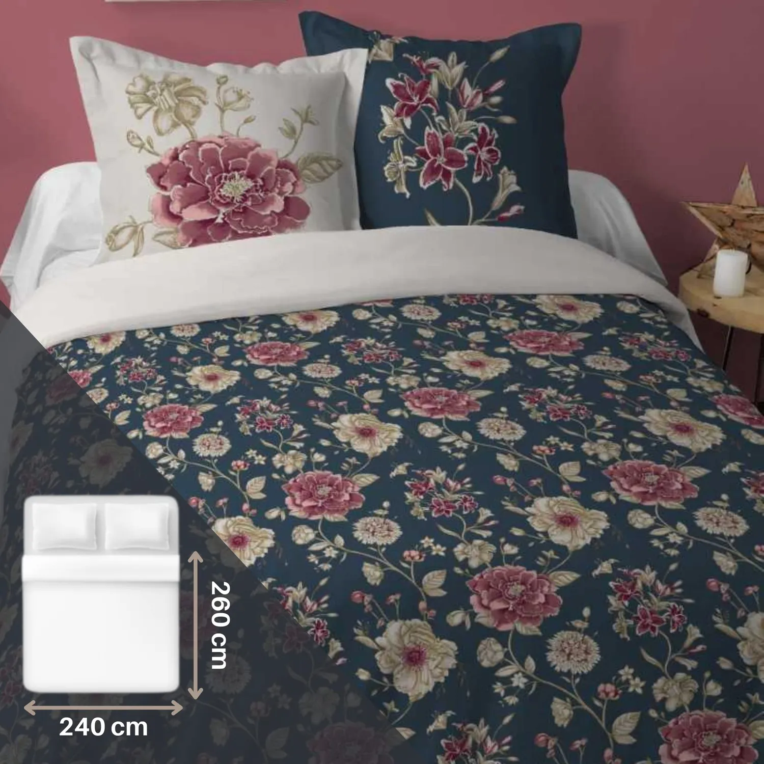 Lovely Casa Flore parure 260x240 cm bleu coton