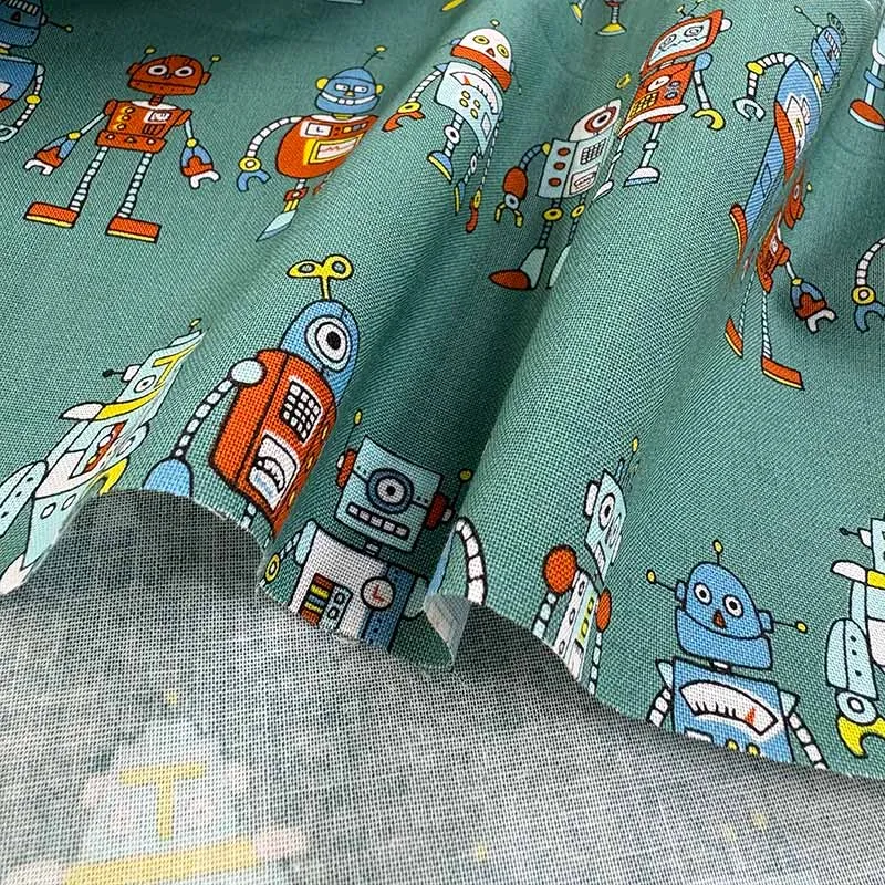 Yoko Saito Many Robots tissu coton au mètre vert