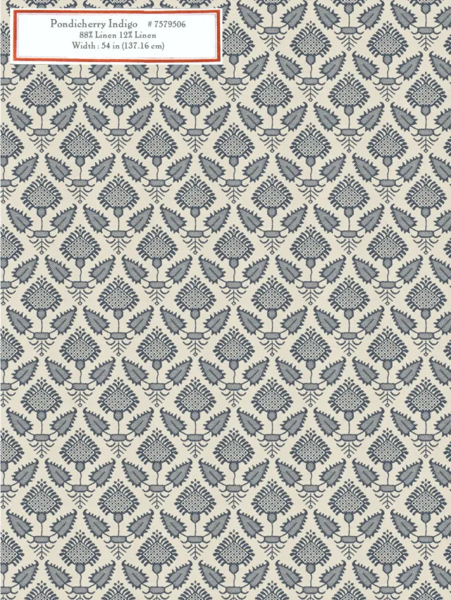 French General Pondicherry Indigo tissu ameublement bleu au mètre