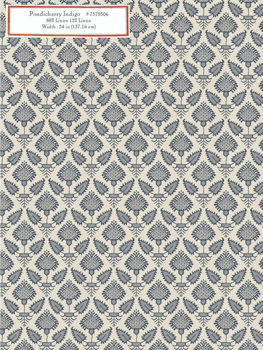 French General Pondicherry Indigo tissu ameublement bleu au mètre