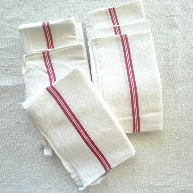 French General torchon lin blanc vintage rayures rouges