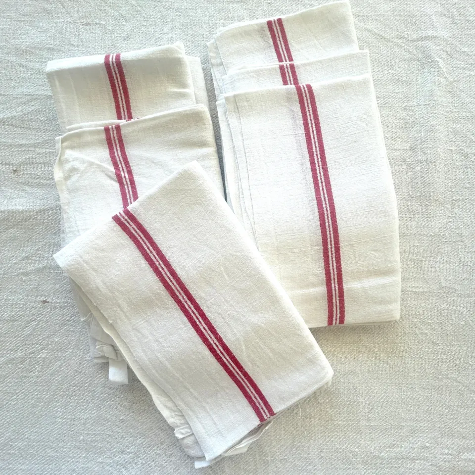 French General torchon lin blanc vintage rayures rouges