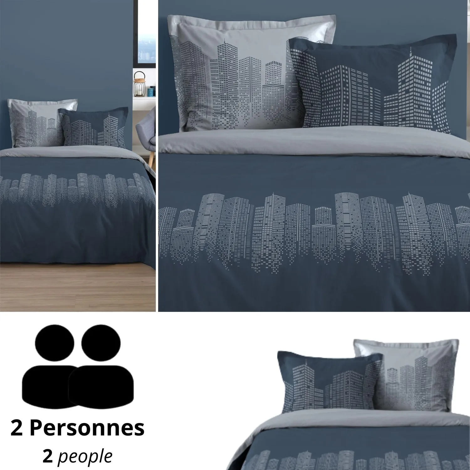 Stof Immeubles parure housse couette 240x220 bleu coton