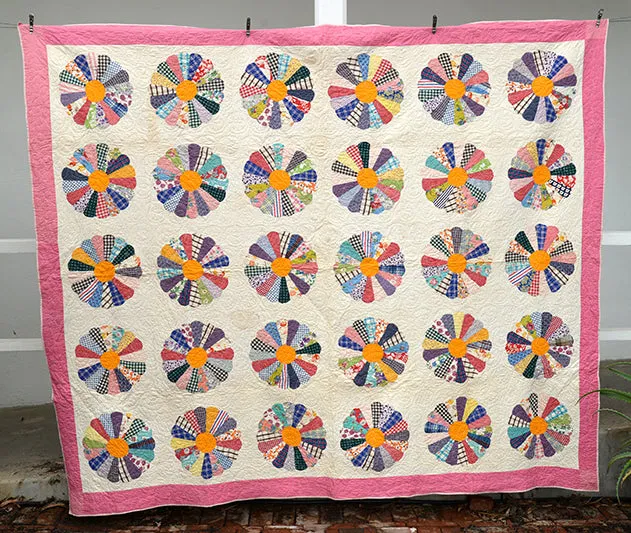 French General Dresden Plate quilt ancien 193x229 bordure rose