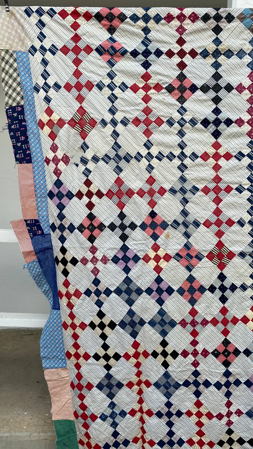 French General Early Nine Patch dessus quilt ancien cutter 90x90