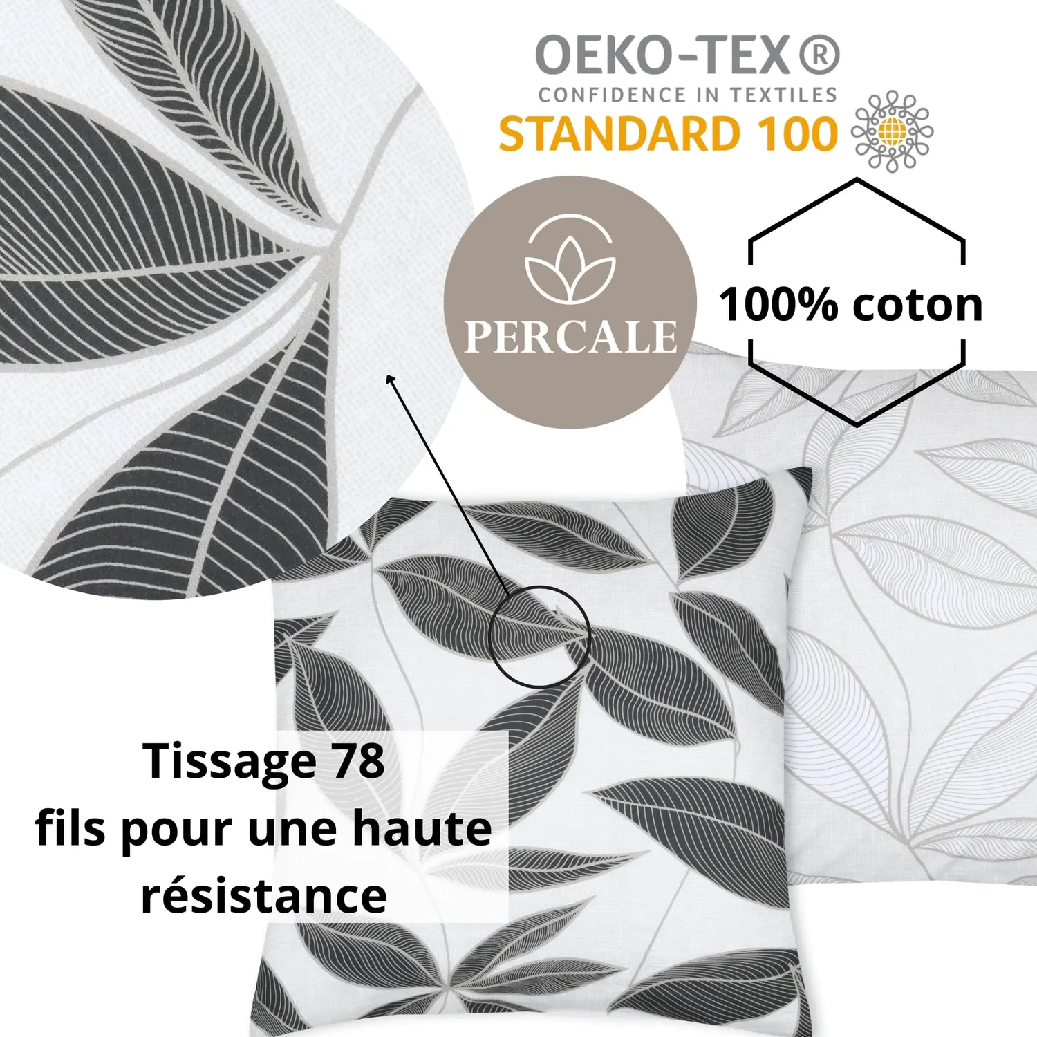 STOF Matisse taie d’oreiller 63x63 noir blanc percale coton