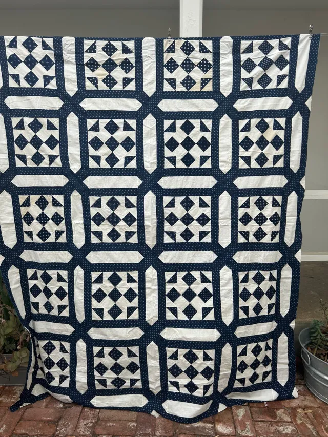 French General Nine Patch dessus quilt indigo ancien 178x224 cm