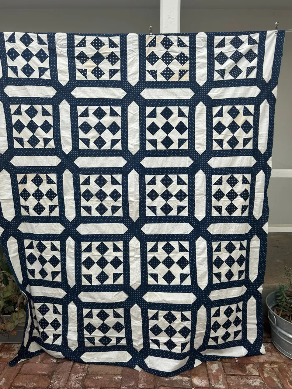French General Nine Patch dessus quilt indigo ancien 178x224 cm