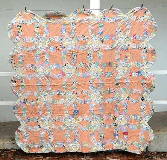 French General Double Wedding Ring quilt ancien 196x196 cm