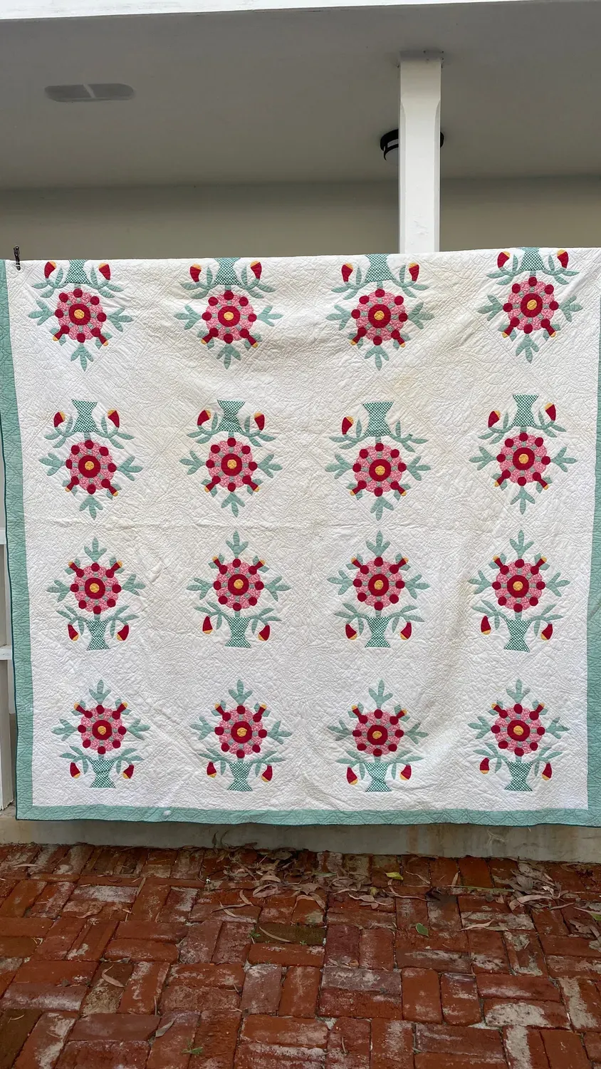 French General Vintage Coxcomb Rose quilt appliqué 77x78