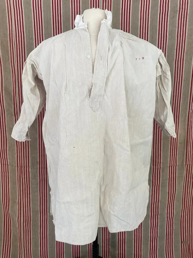 French General chemise ancienne chanvre coton monogramme JB