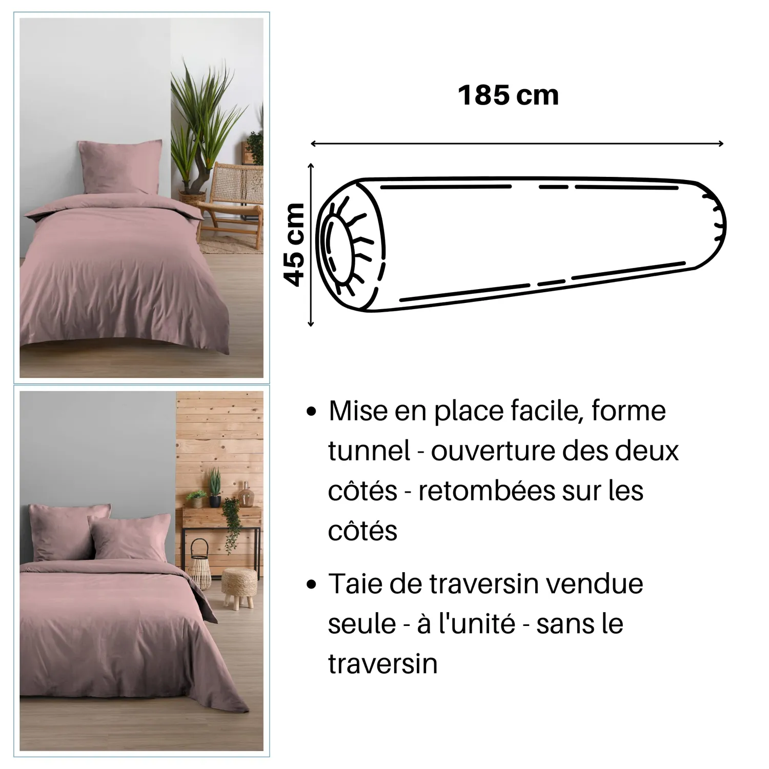 Stof Eden taie de traversin 45x185 cm vieux rose coton
