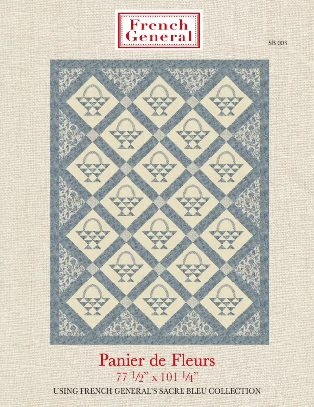 French General Sacre Bleu patron quilt panier de fleurs bleu