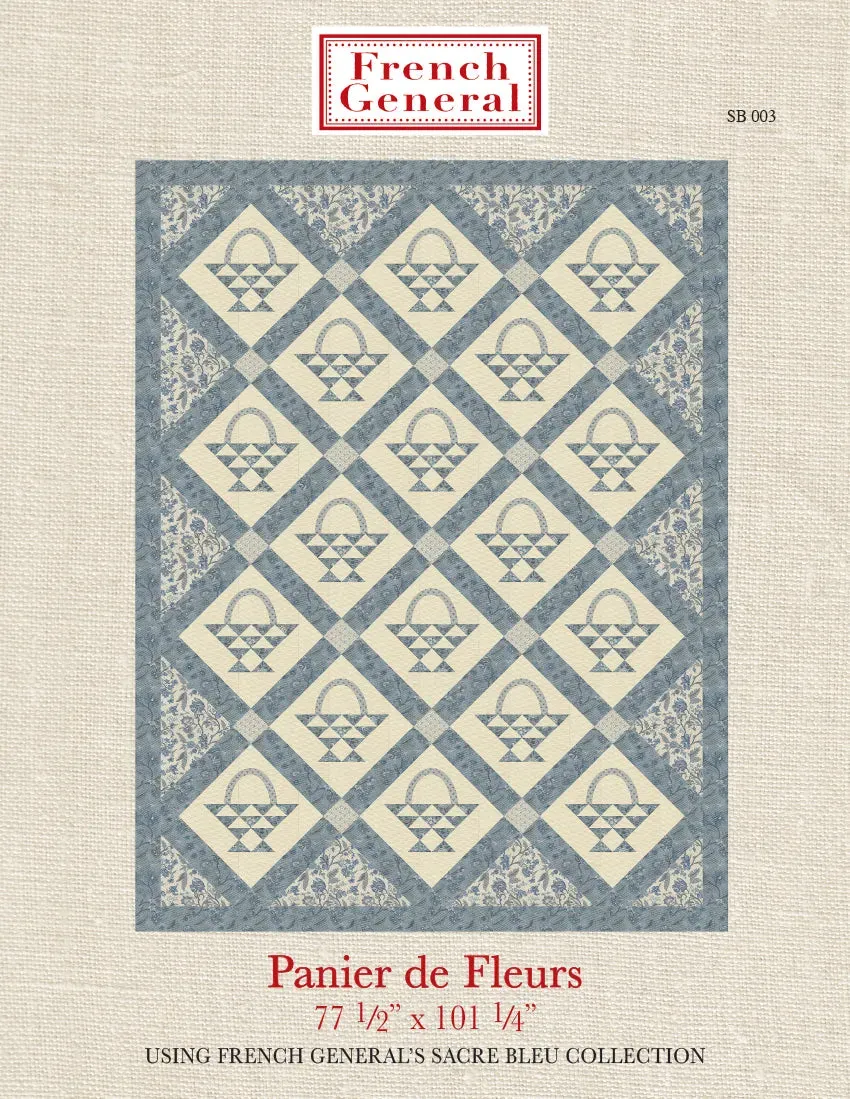 French General Sacre Bleu patron quilt panier de fleurs bleu