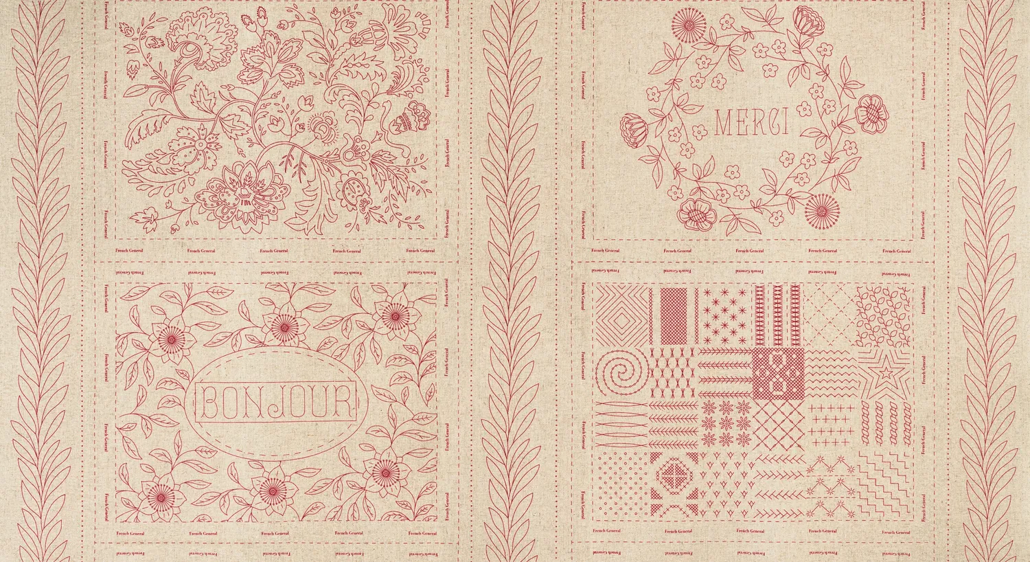 French General Bonheur de Jour sampler broderie lin rouge 4 motifs