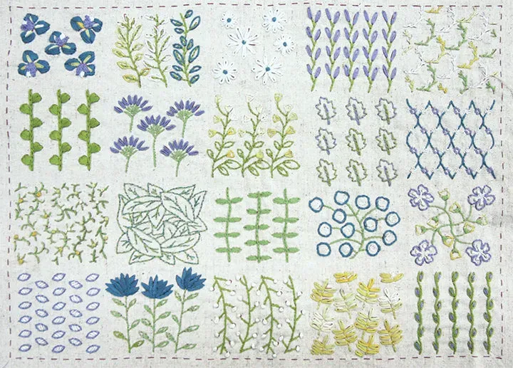French General Jardin de Fleurs sampler broderie lin bleu 4 pièces