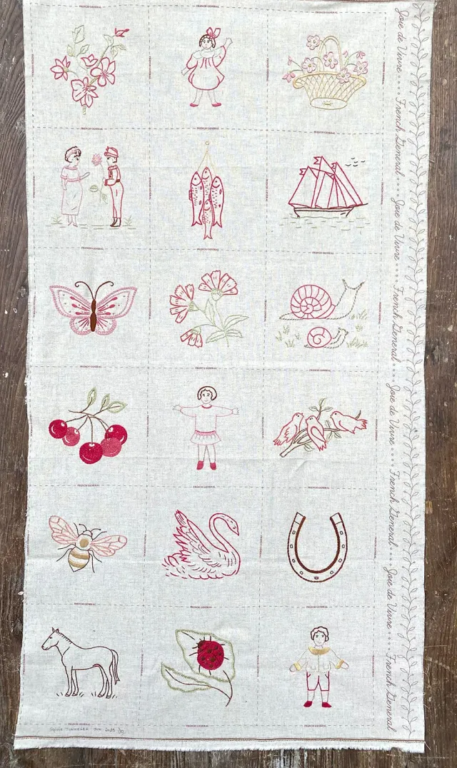 French General Joie de Vivre sampler panneau broderie lin