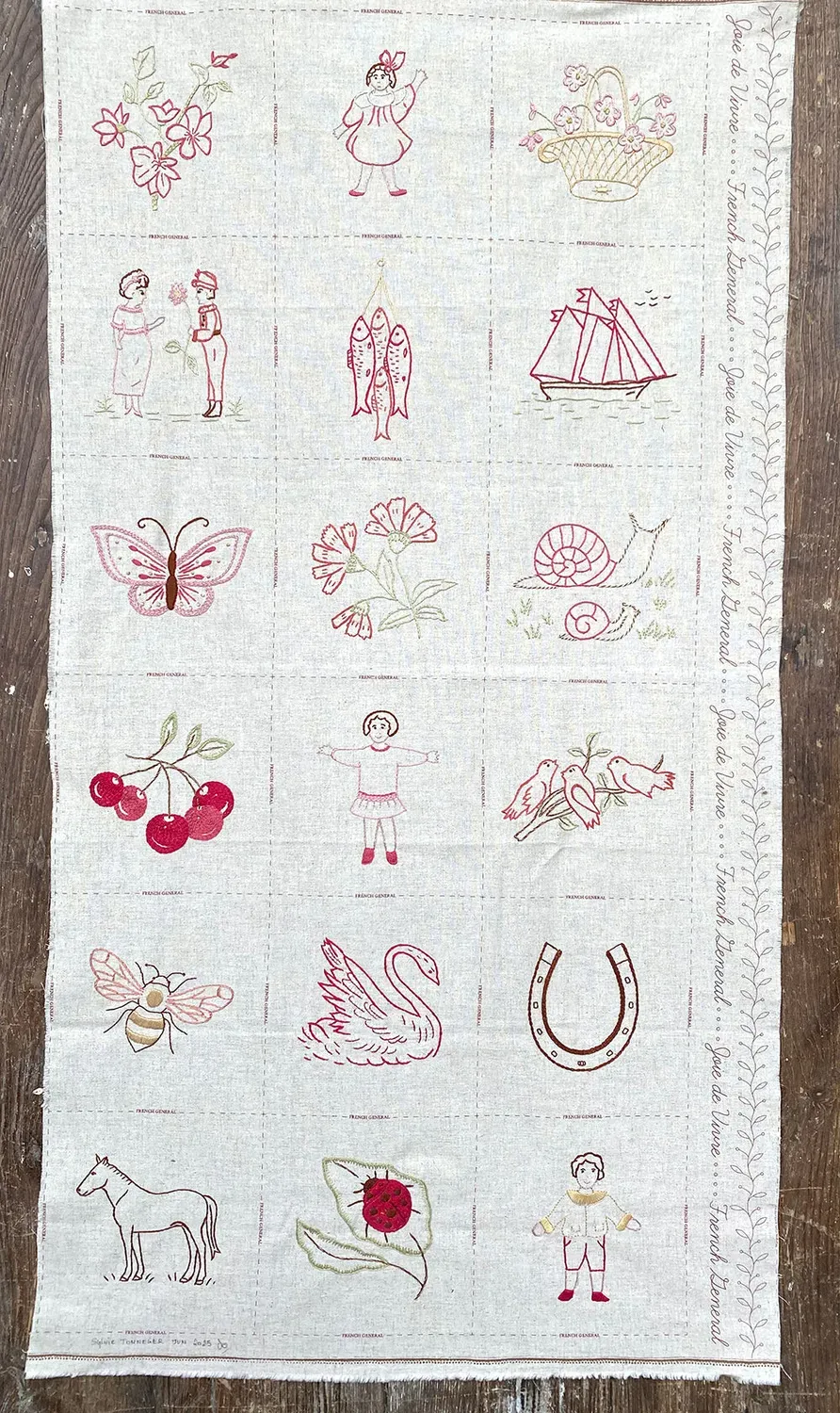 French General Joie de Vivre sampler panneau broderie lin