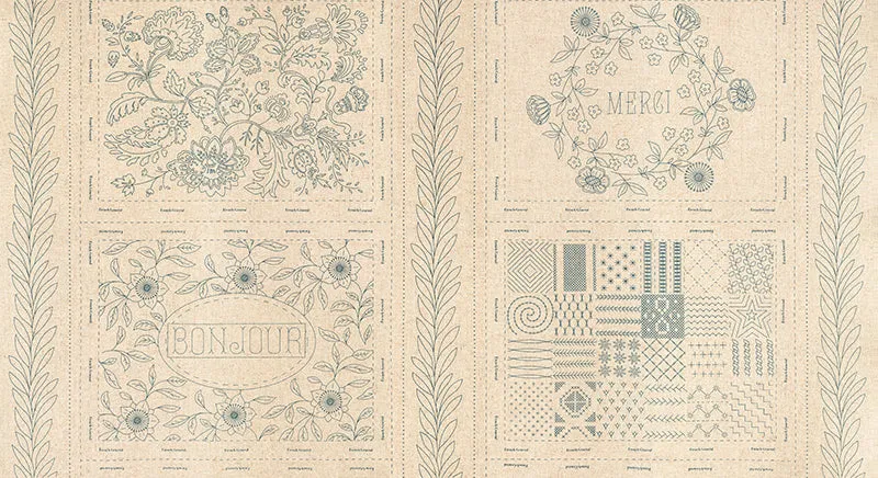 French General Bonheur de Jour sampler broderie lin rouge 4 motifs