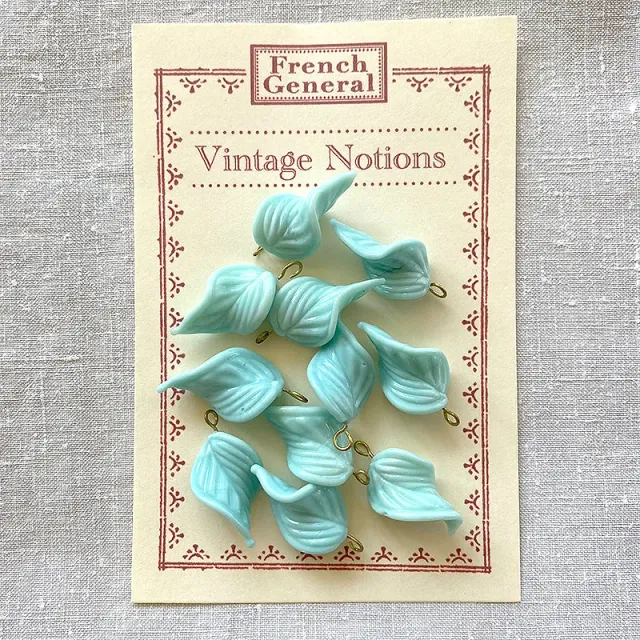 French General Vintage Glass Leaves perles feuilles turquoise x12