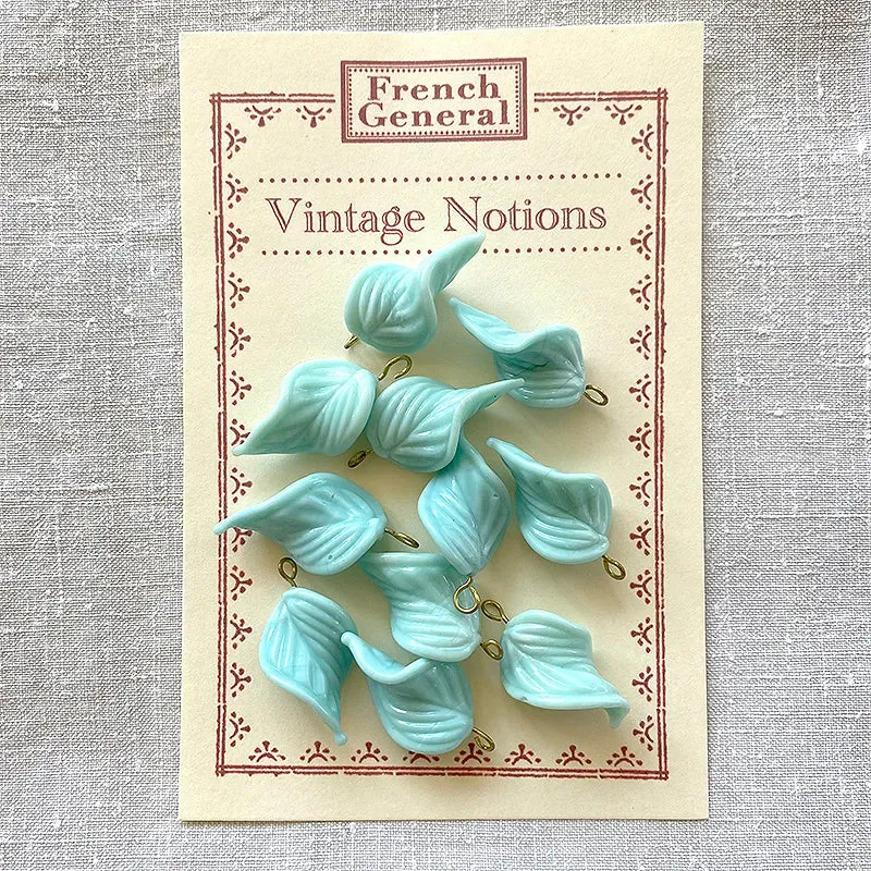 French General Vintage Glass Leaves perles feuilles turquoise x12