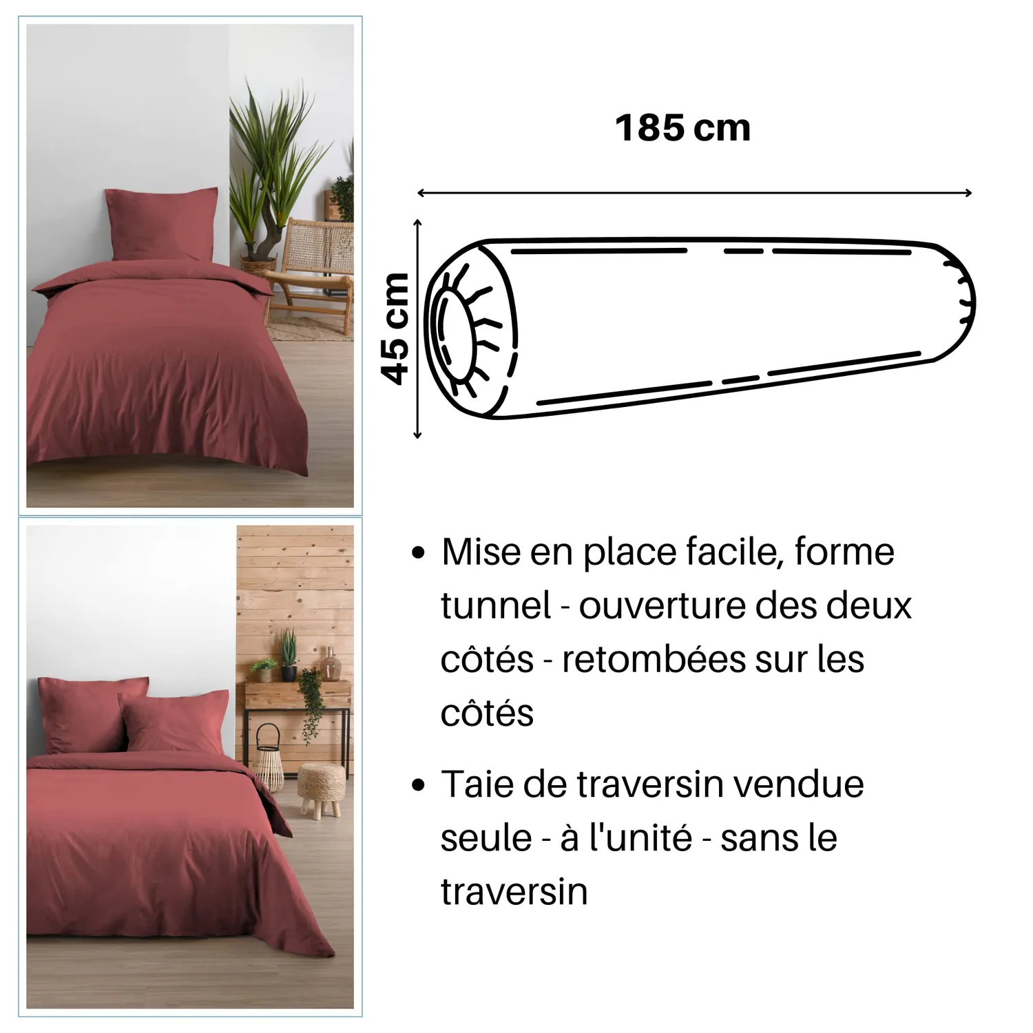 STOF Eden taie de traversin coton grenache 45x185 cm
