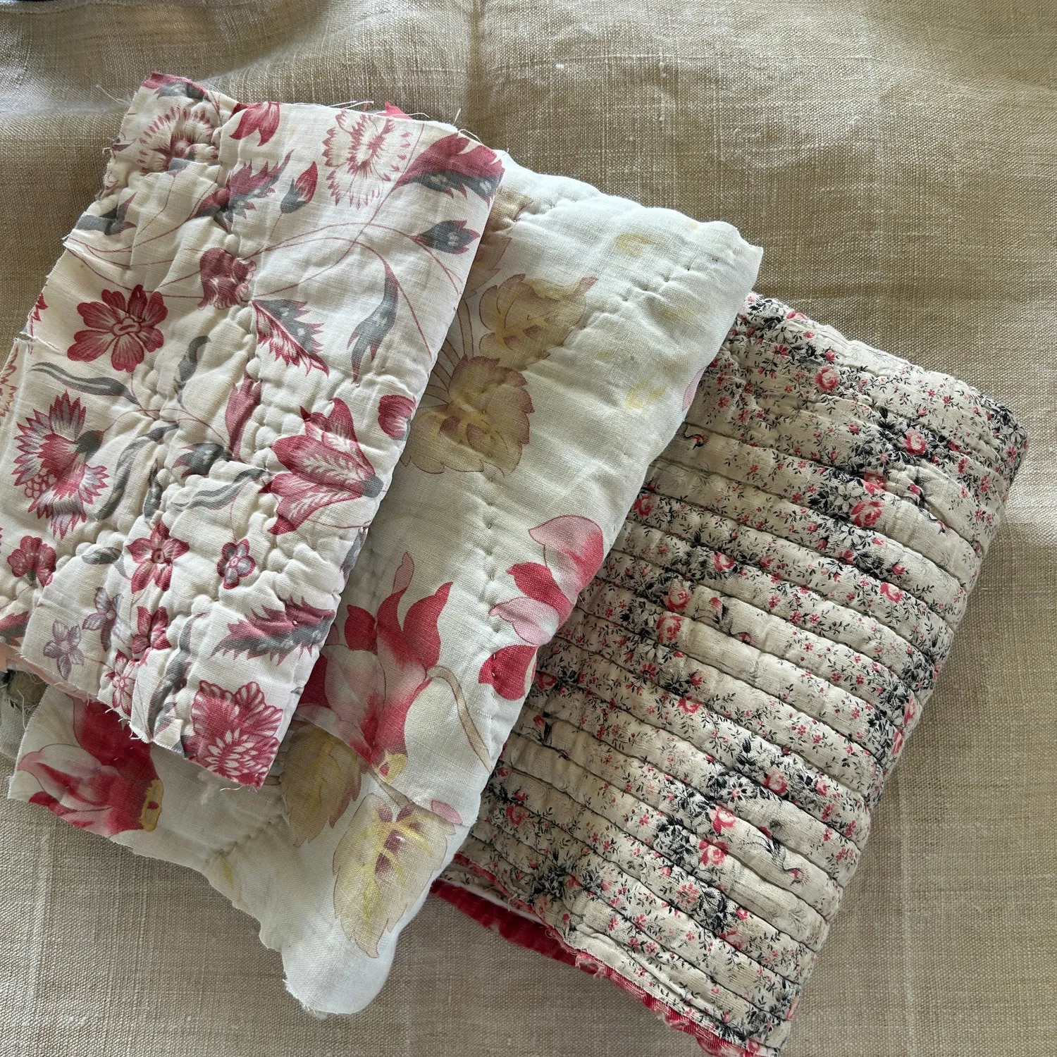 French General Antique Quilted Scraps coupons anciens lot de 3