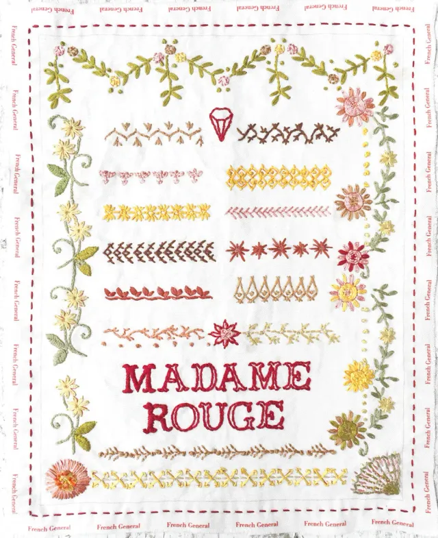 French General Madame Rouge sampler broderie lin gris