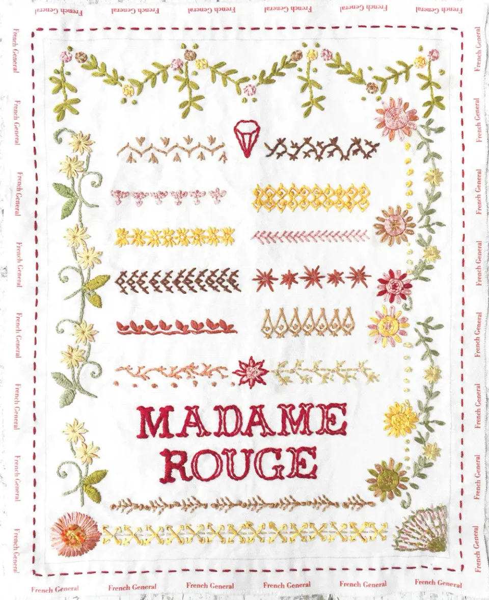 French General Madame Rouge sampler broderie lin gris