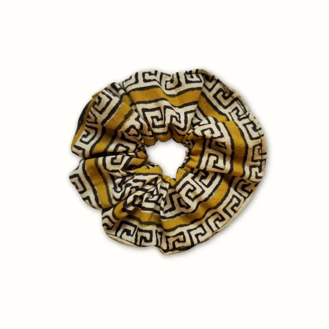 Tribu Indigo géo chouchou cheveux jaune coton bio