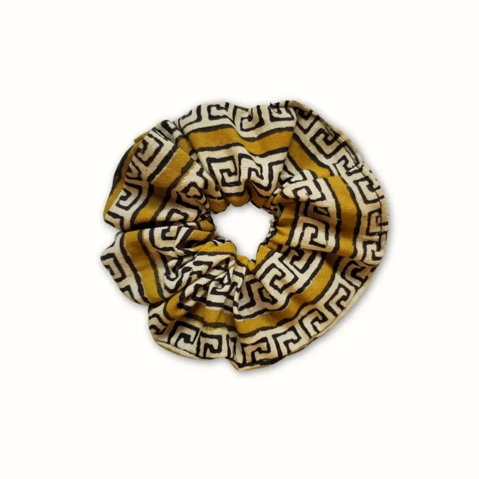 Tribu Indigo géo chouchou cheveux jaune coton bio