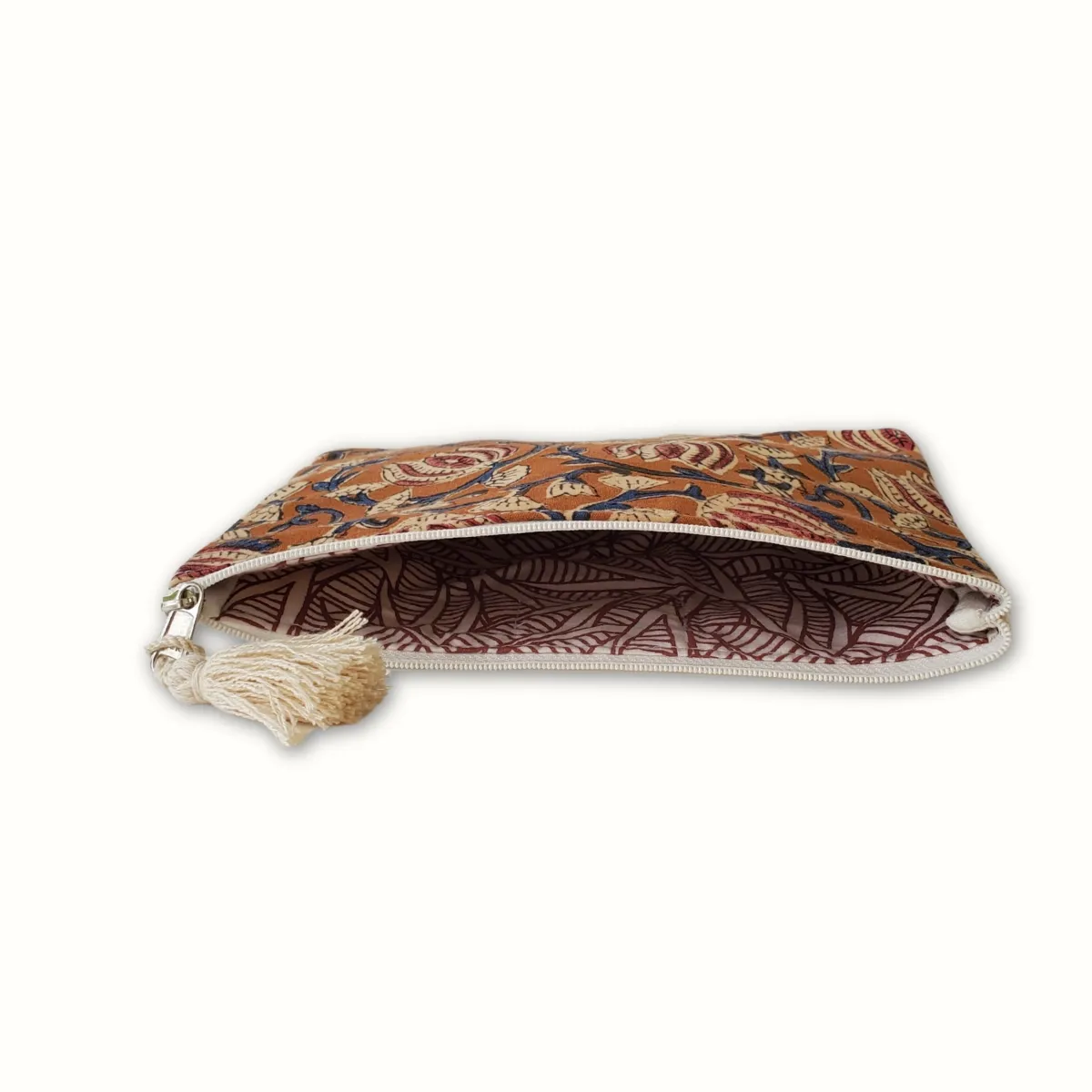Tribu Indigo block pochette tissu beige fleurs 21x15