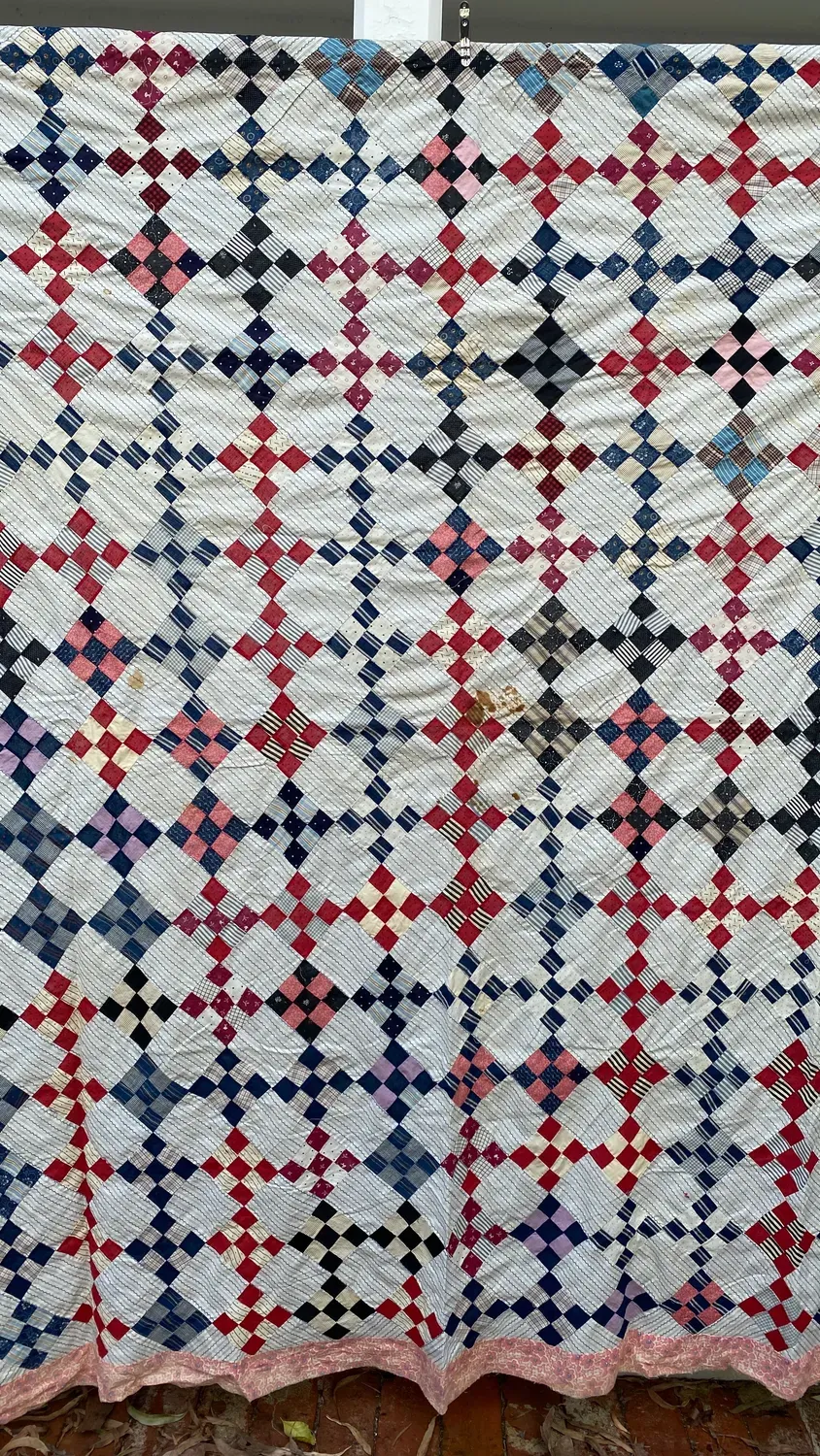 French General Early Nine Patch dessus quilt ancien cutter 90x90