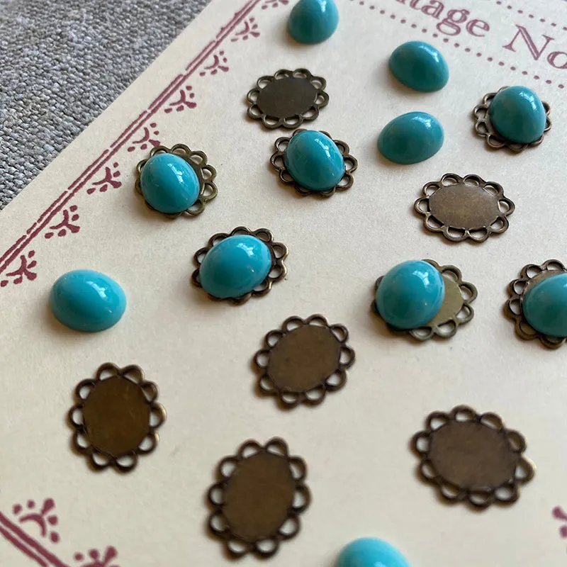 French General Vintage Turquoise cabochons oval laiton x12