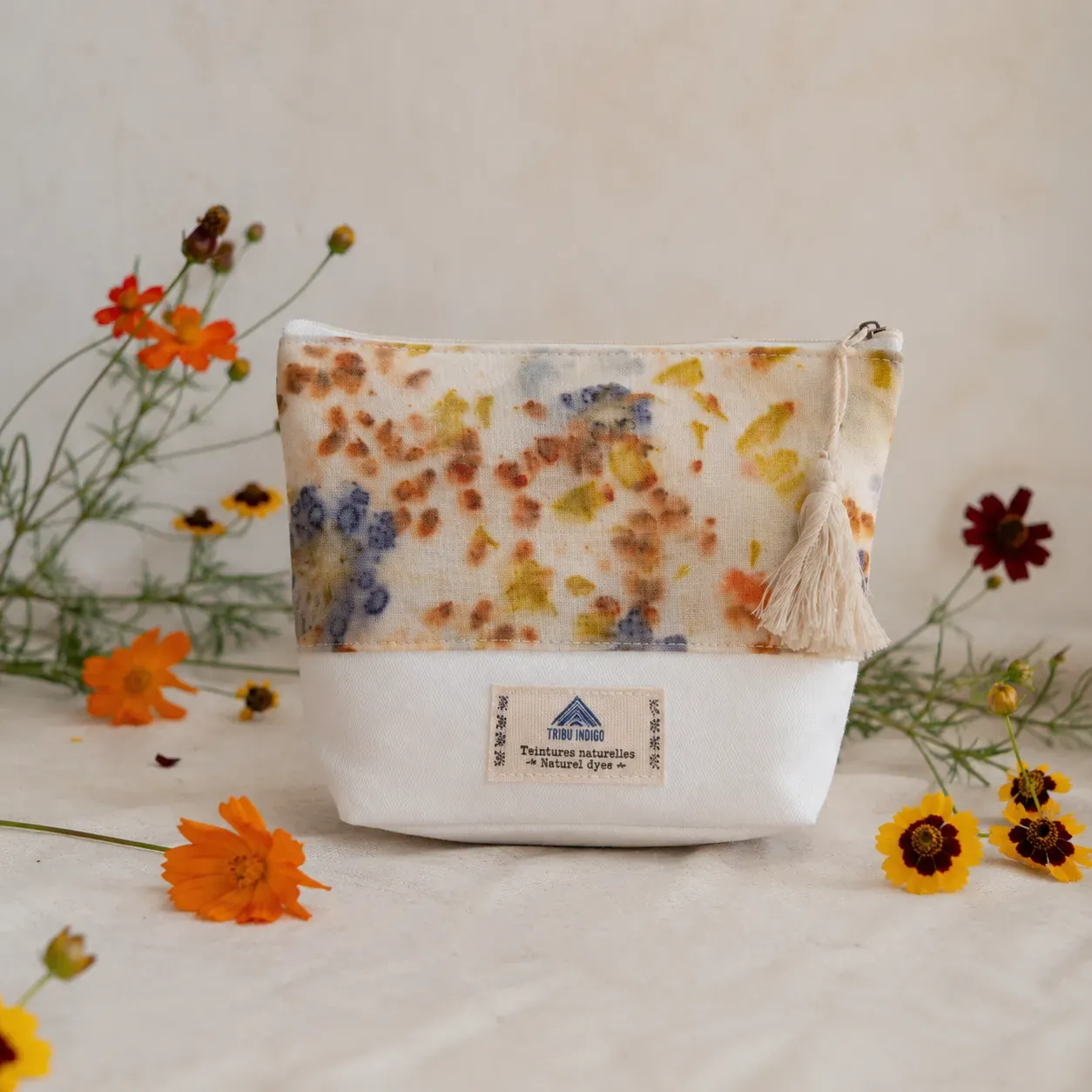 Tribu Indigo Ecoprint petite pochette tissu 18x15 fleurs