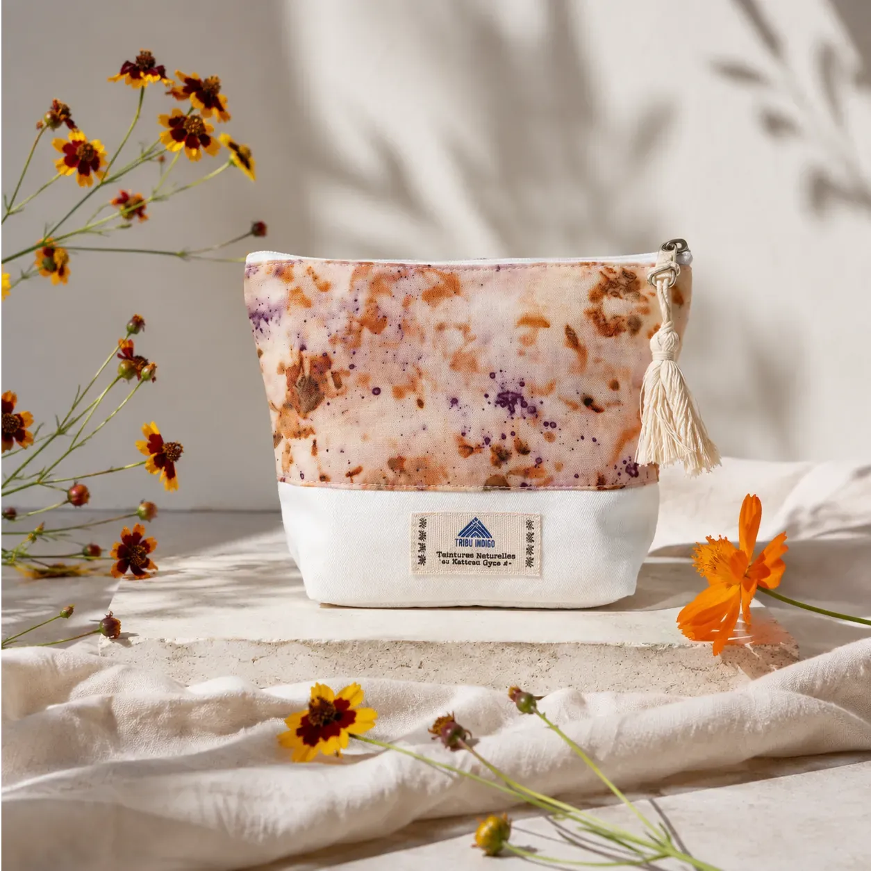 Tribu Indigo Ecoprint petite pochette tissu 18x15 fleurs