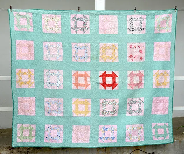 French General Churn Dash quilt ancien menthe 68x84 rose