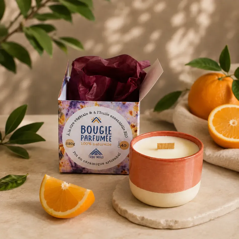 Tribu Indigo bougie parfumée Orange douce 40h cire soja