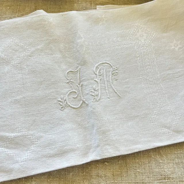 French General serviettes lin damassé blanc monogramme lot 9