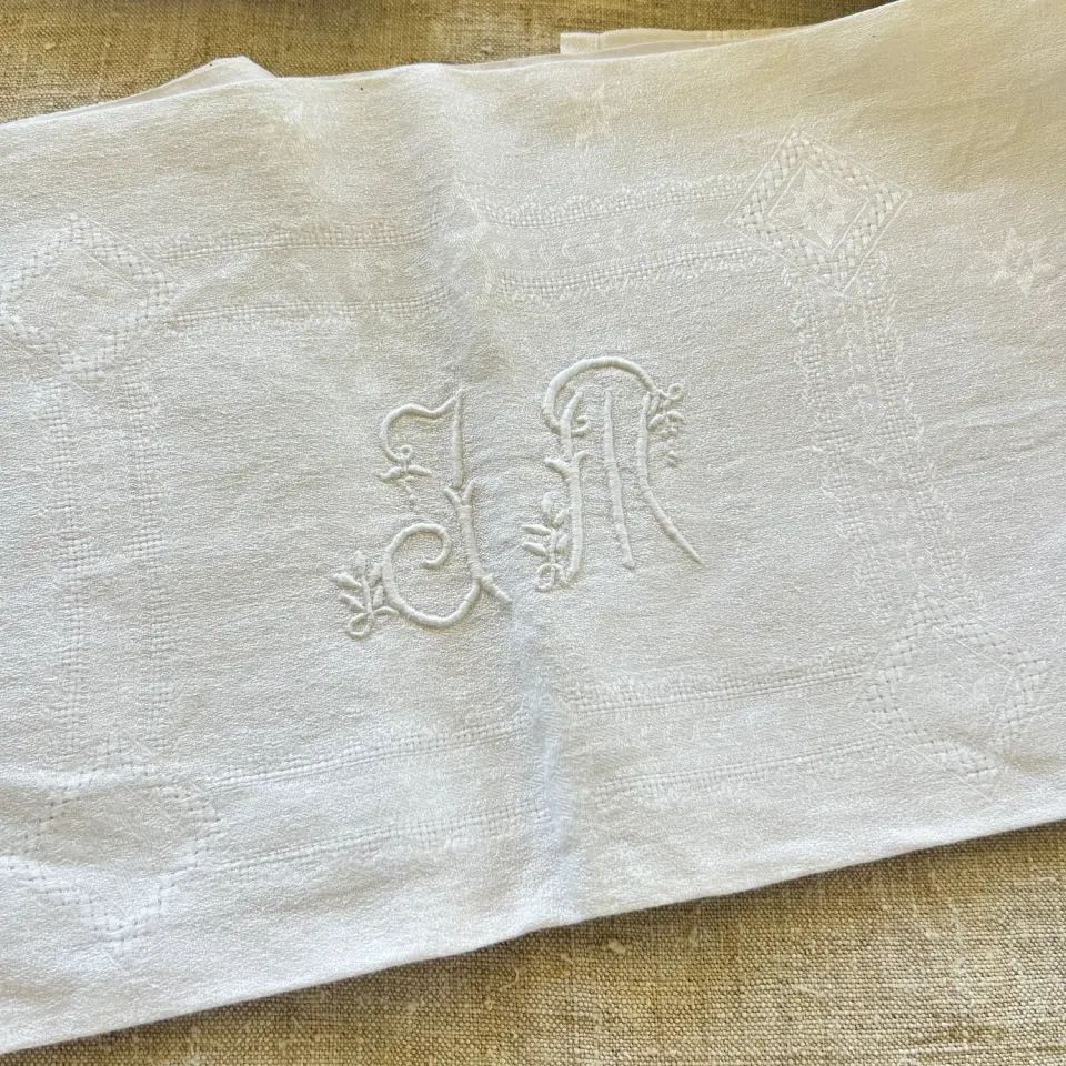 French General serviettes lin damassé blanc monogramme lot 9