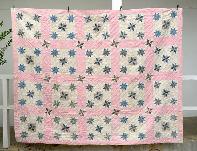 French General Antique Star quilt ancien étoiles 70x85 fait main