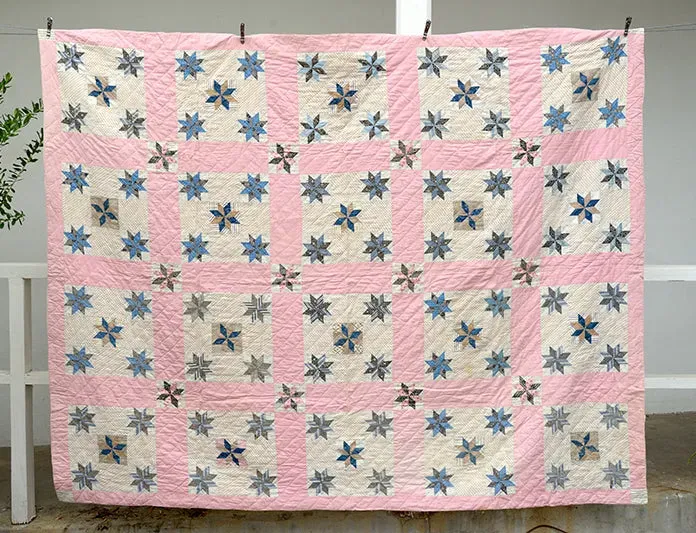 French General Antique Star quilt ancien étoiles 70x85 fait main