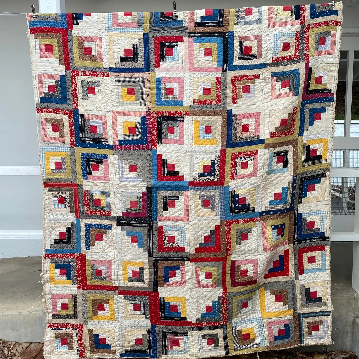 French General Log Cabin quilt ancien 173x213 cœur rouge