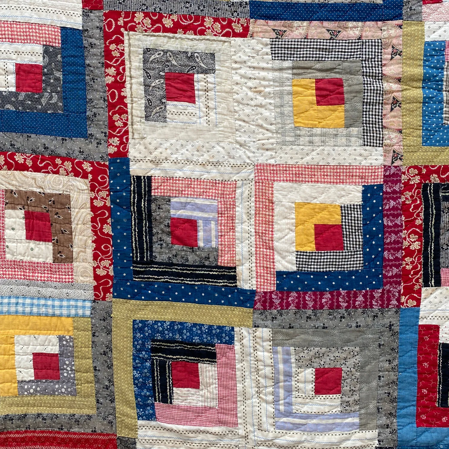 French General Log Cabin quilt ancien 173x213 cœur rouge