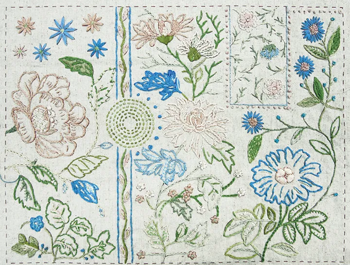 French General Jardin de Fleurs sampler broderie lin bleu 4 pièces