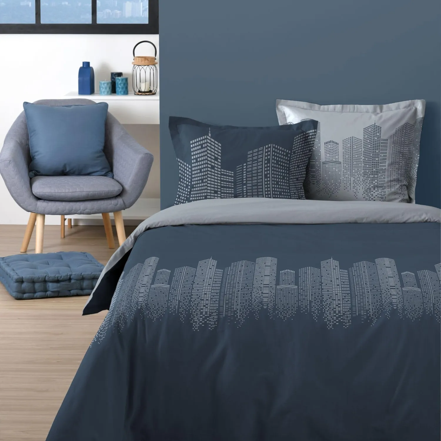 Stof Immeubles parure housse couette 240x220 bleu coton