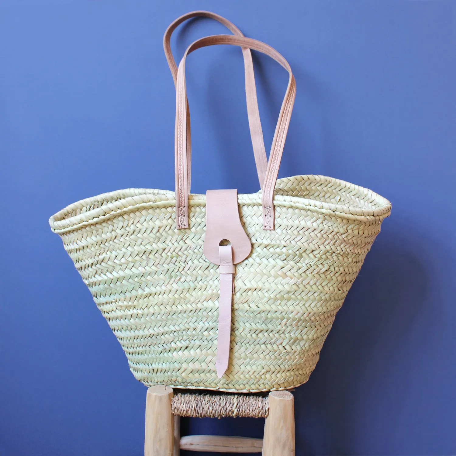 La Maison Naïve Panier Palme Cuir Rose Grandes Anses